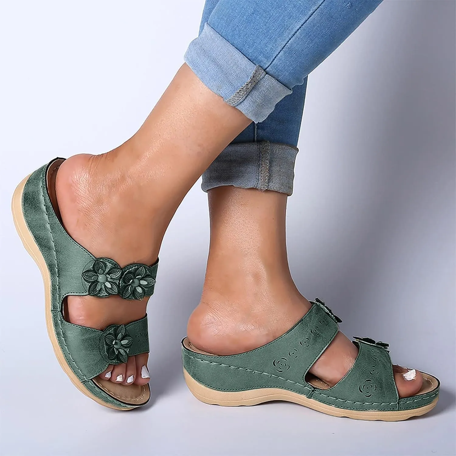 Eduavar Orthopedic Sandals for Women, Sandals Women Floral Leopard Print Sandals Peep Toe Wedge Sandals Comfy Slip On Shoes