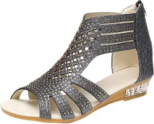 Eduavar Wedge Sandals for Women Dressy, Rhinestone Sandals for Women Fashion Breathable Open Toe Wedge Sandals with Zipper