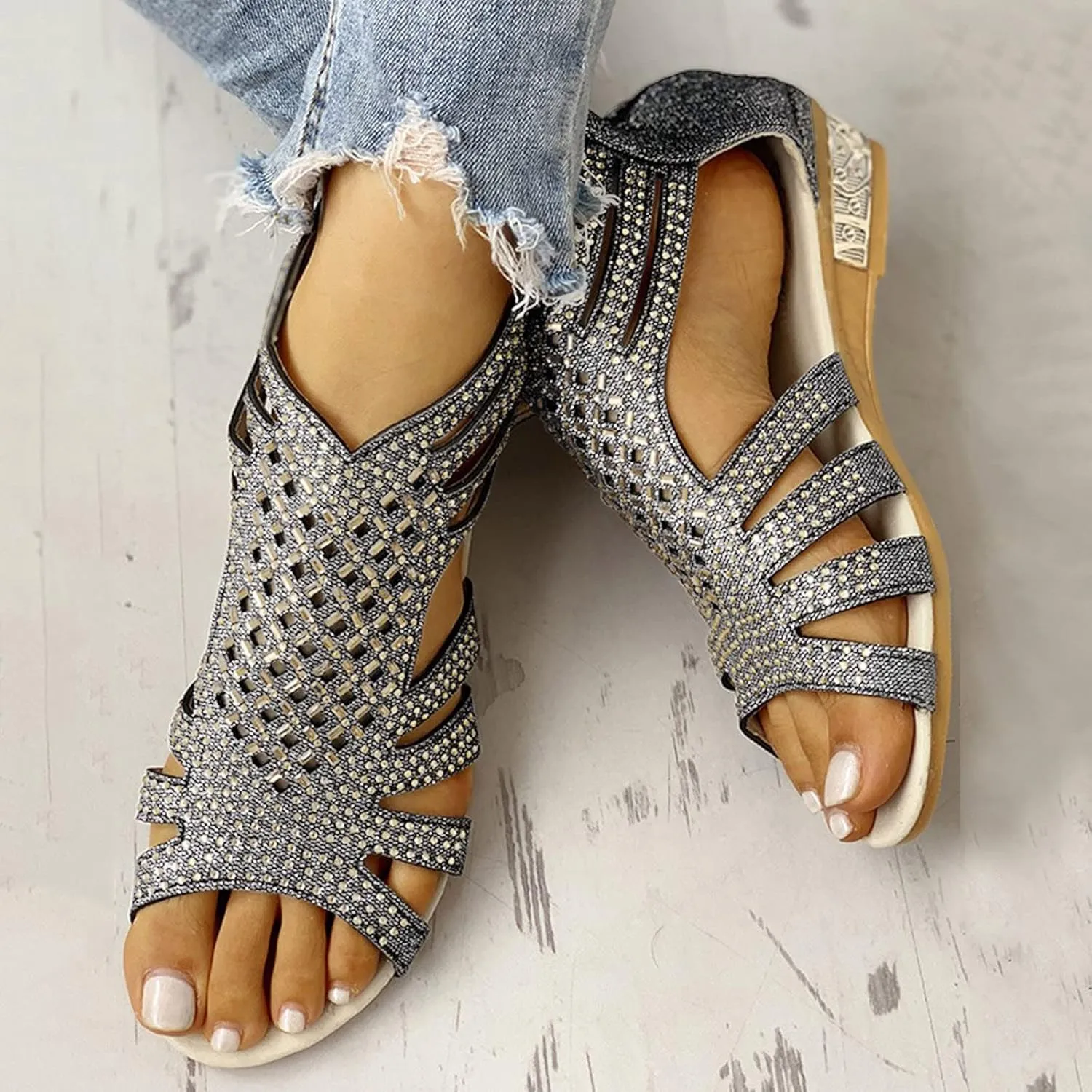 Eduavar Wedge Sandals for Women Dressy, Rhinestone Sandals for Women Fashion Breathable Open Toe Wedge Sandals with Zipper