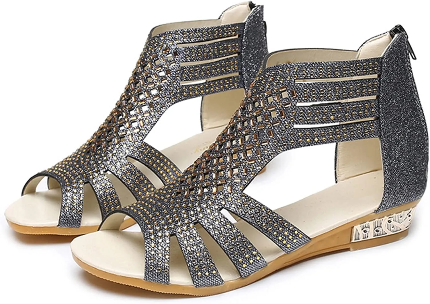 Eduavar Wedge Sandals for Women Dressy, Rhinestone Sandals for Women Fashion Breathable Open Toe Wedge Sandals with Zipper