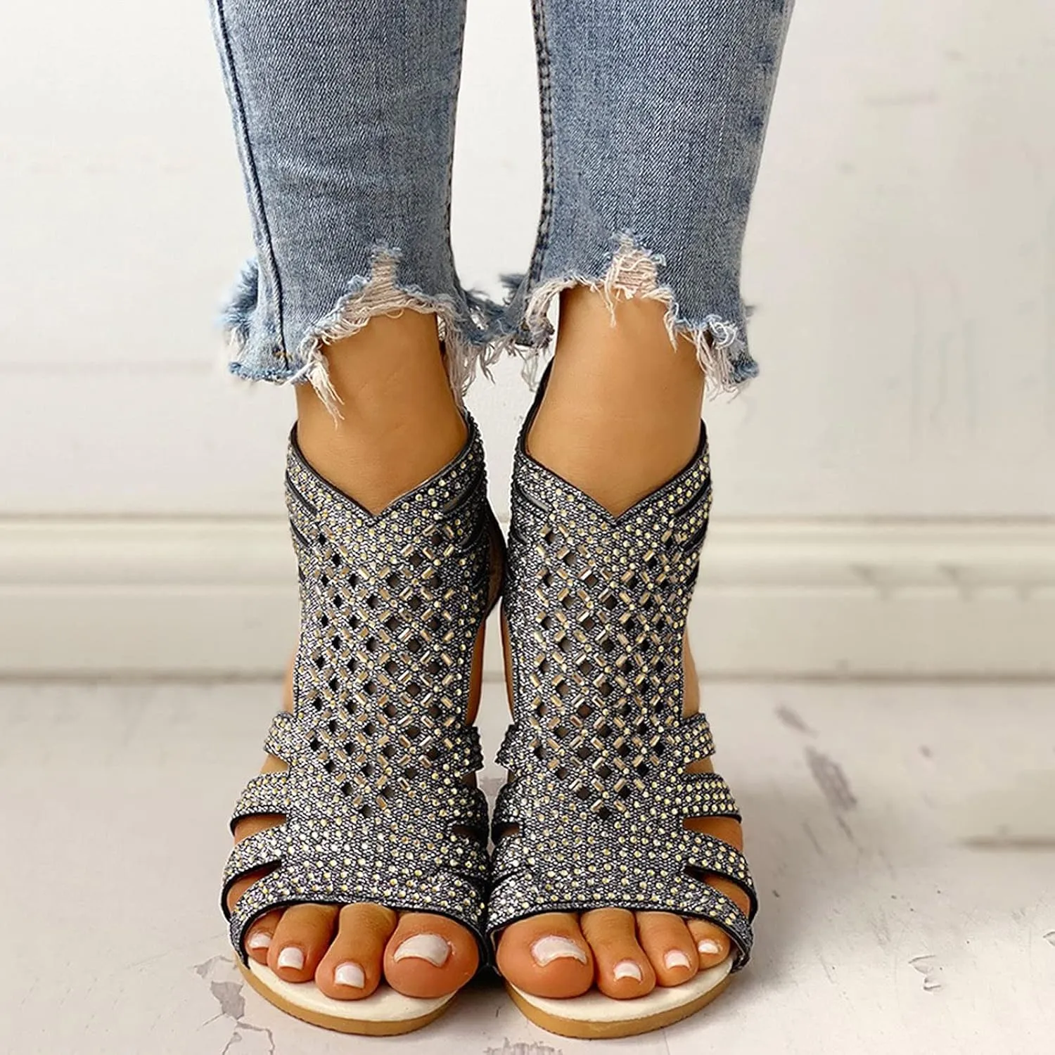 Eduavar Wedge Sandals for Women Dressy, Rhinestone Sandals for Women Fashion Breathable Open Toe Wedge Sandals with Zipper