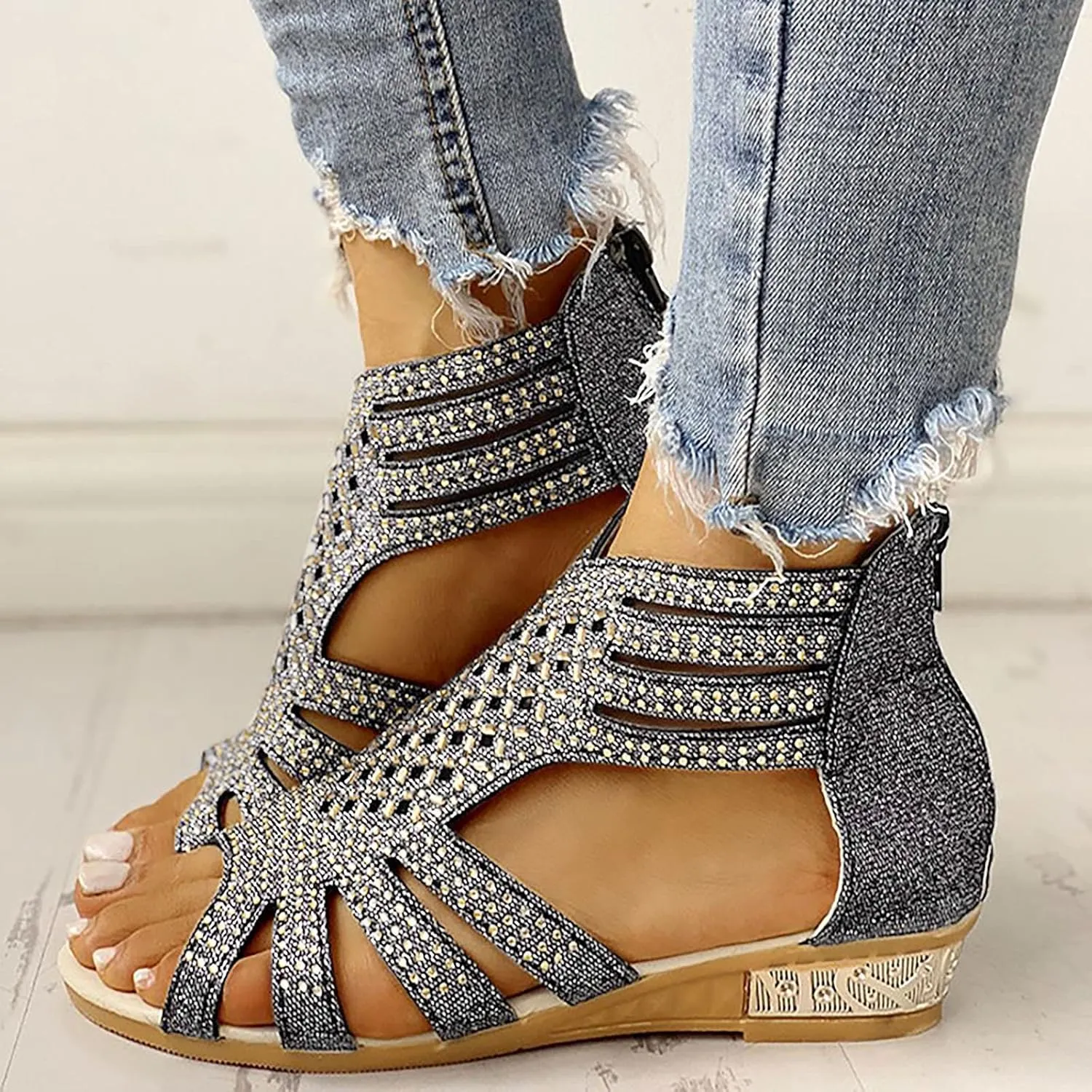 Eduavar Wedge Sandals for Women Dressy, Rhinestone Sandals for Women Fashion Breathable Open Toe Wedge Sandals with Zipper