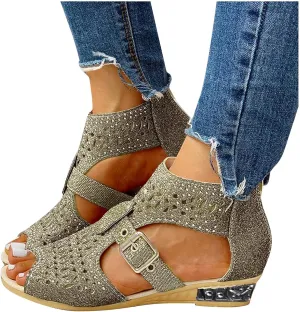 Eduavar Womens Wedge Sandals, Orthopedic Sandals for Women Low Wedge Sandals Cutout Zip Up Crystal Sandals Shoes