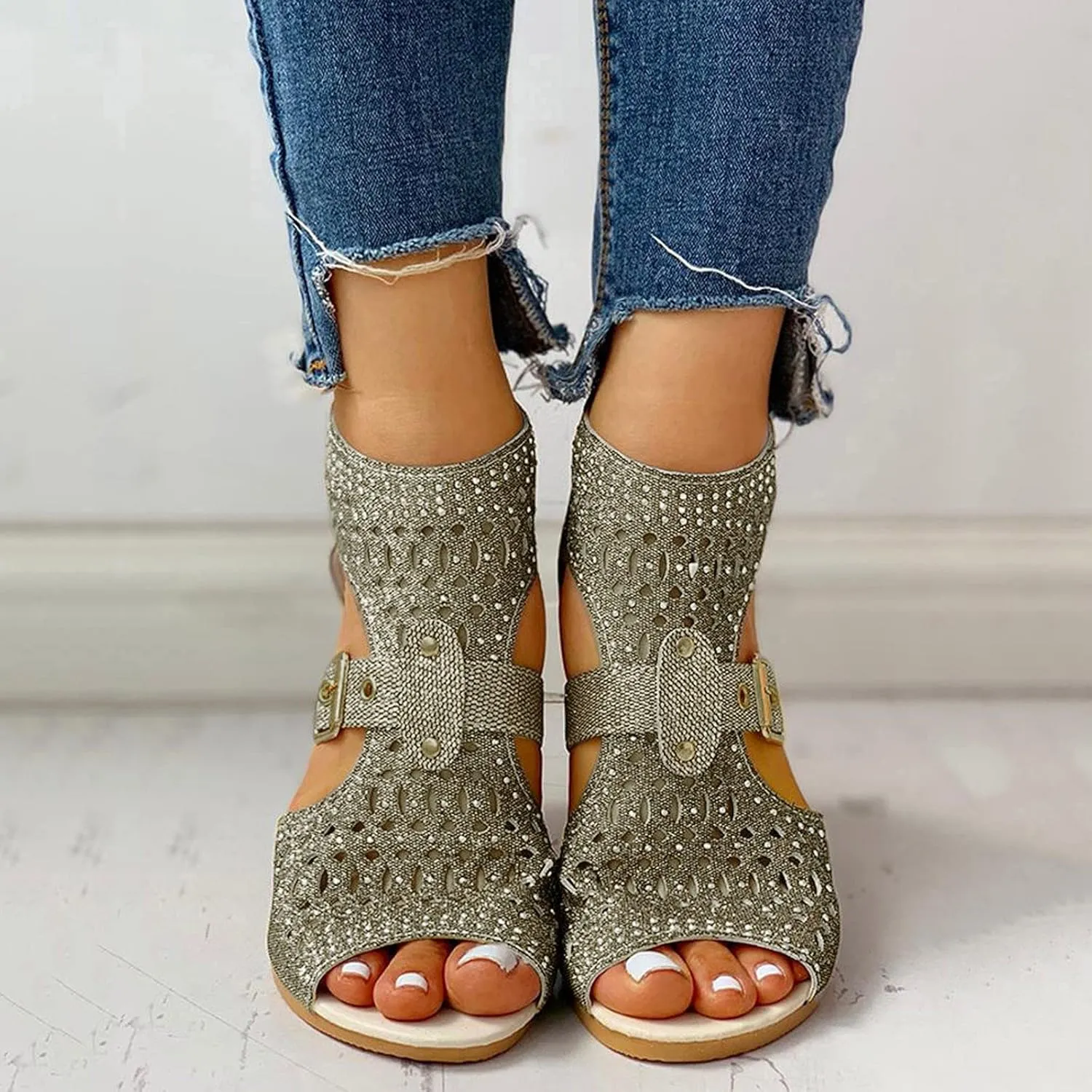 Eduavar Womens Wedge Sandals, Orthopedic Sandals for Women Low Wedge Sandals Cutout Zip Up Crystal Sandals Shoes