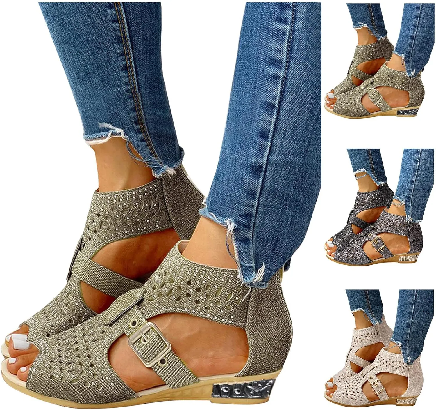 Eduavar Womens Wedge Sandals, Orthopedic Sandals for Women Low Wedge Sandals Cutout Zip Up Crystal Sandals Shoes