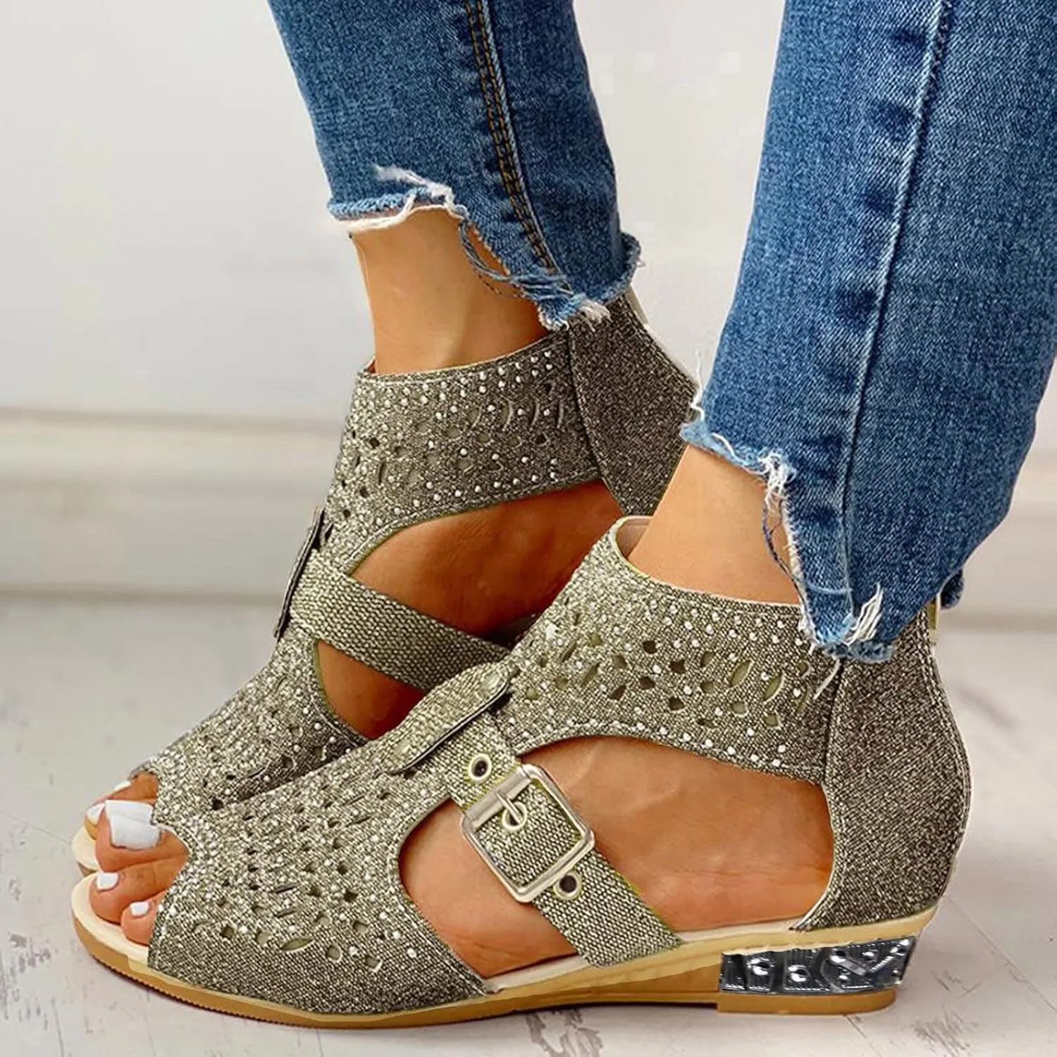 Eduavar Womens Wedge Sandals, Orthopedic Sandals for Women Low Wedge Sandals Cutout Zip Up Crystal Sandals Shoes