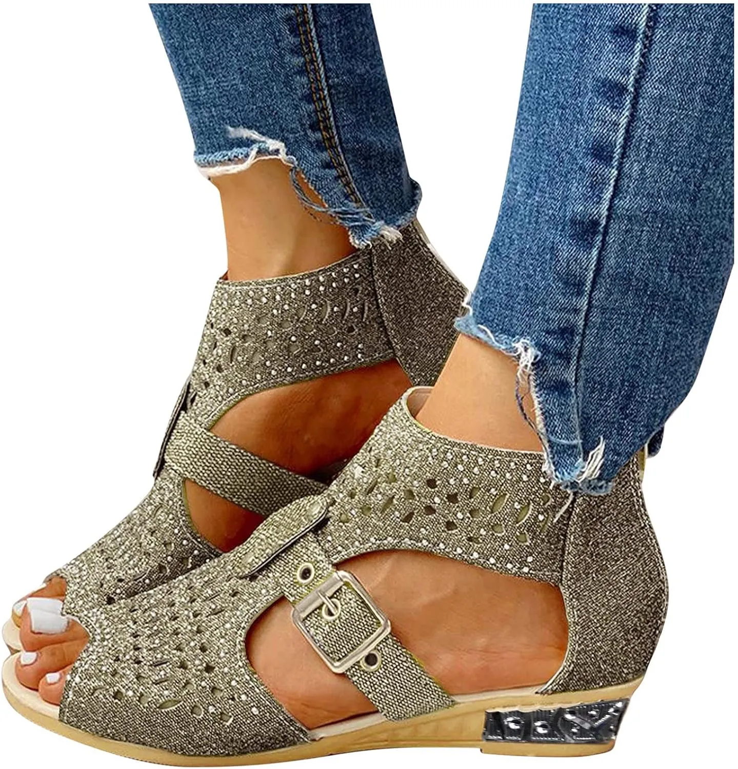 Eduavar Womens Wedge Sandals, Orthopedic Sandals for Women Low Wedge Sandals Cutout Zip Up Crystal Sandals Shoes