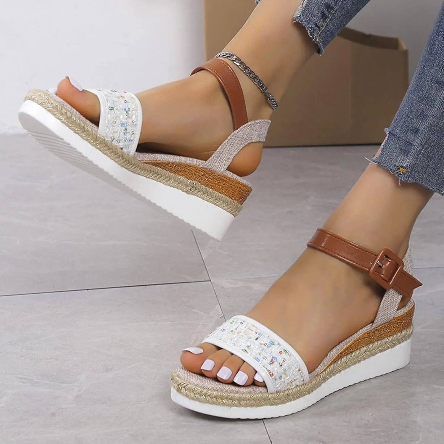 Espadrilles Wedges for Women Orthopedic Sandals Open Toe Single Bands Sandals with Buckle Ankle Strap, Summer Women Comfortable Slip on Espadrilles Beach Walking Shoes