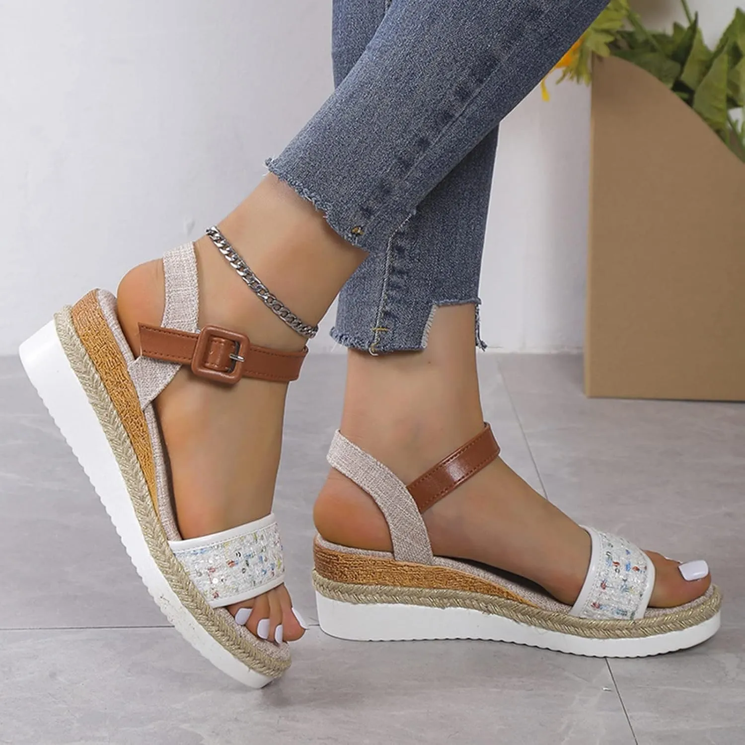 Espadrilles Wedges for Women Orthopedic Sandals Open Toe Single Bands Sandals with Buckle Ankle Strap, Summer Women Comfortable Slip on Espadrilles Beach Walking Shoes