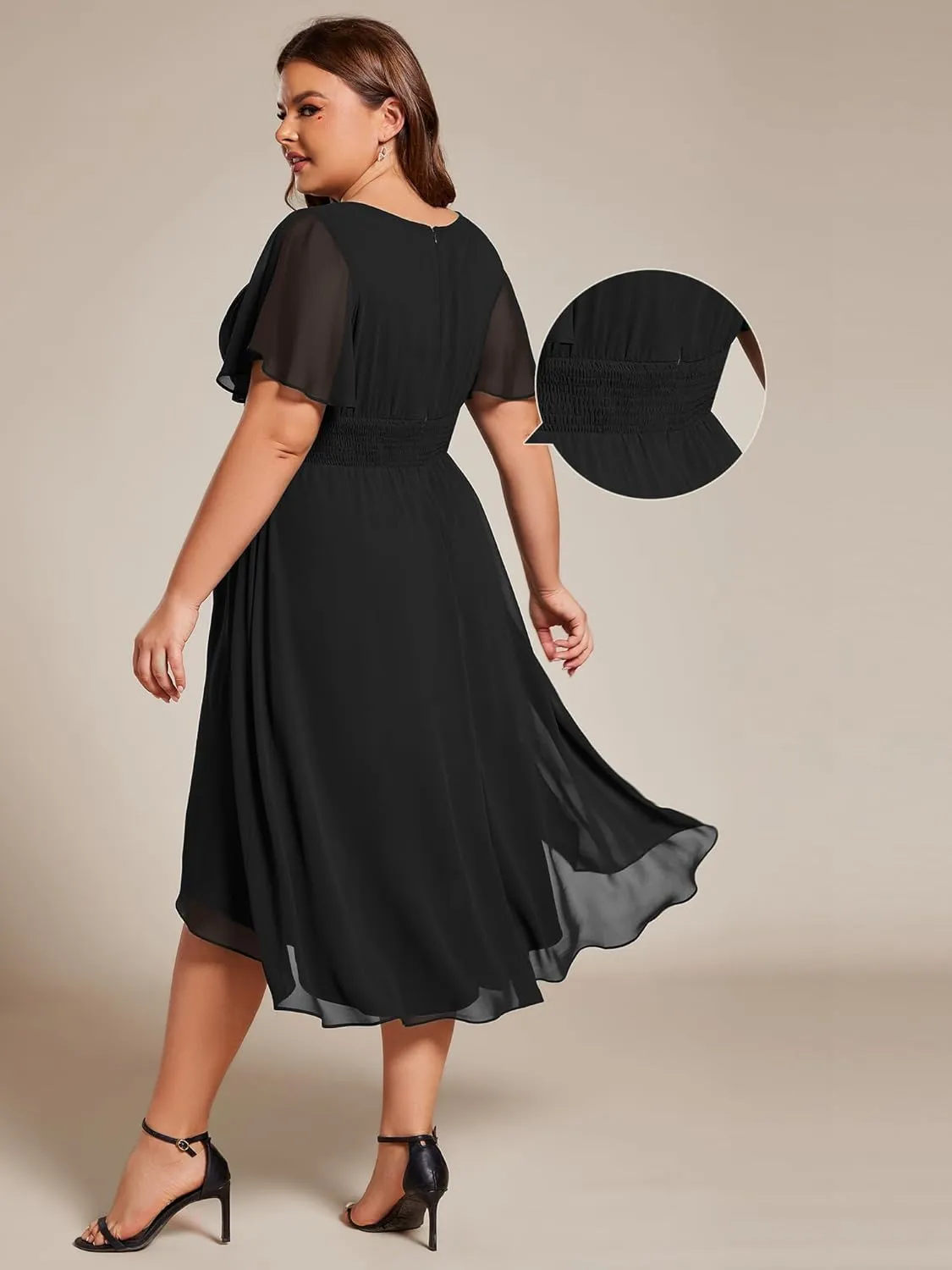 Ever-Pretty Women's A Line Crew Neck Short Sleeves Pleated Elastic Back Chiffon Midi Plus Size High Low Wedding Guest Dresses
