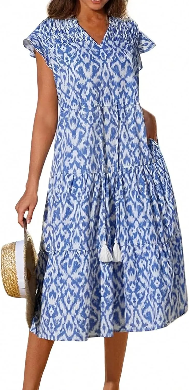 fanmpghleoo Summer Dresses for Women 2025 Drawstring V Neck Floral Dress Tiered Tea Party Beach Wedding Guest Midi Dress