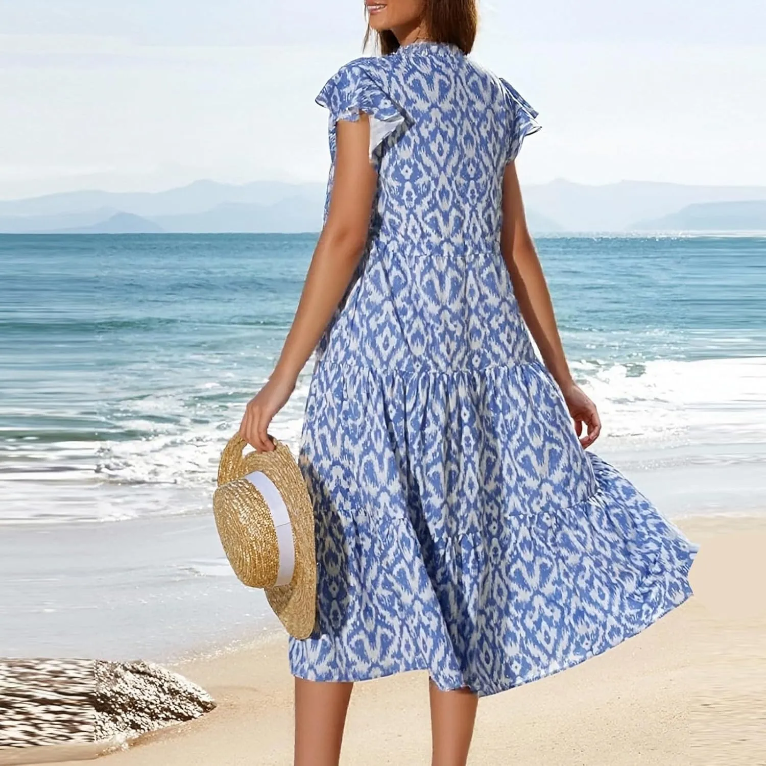 fanmpghleoo Summer Dresses for Women 2025 Drawstring V Neck Floral Dress Tiered Tea Party Beach Wedding Guest Midi Dress