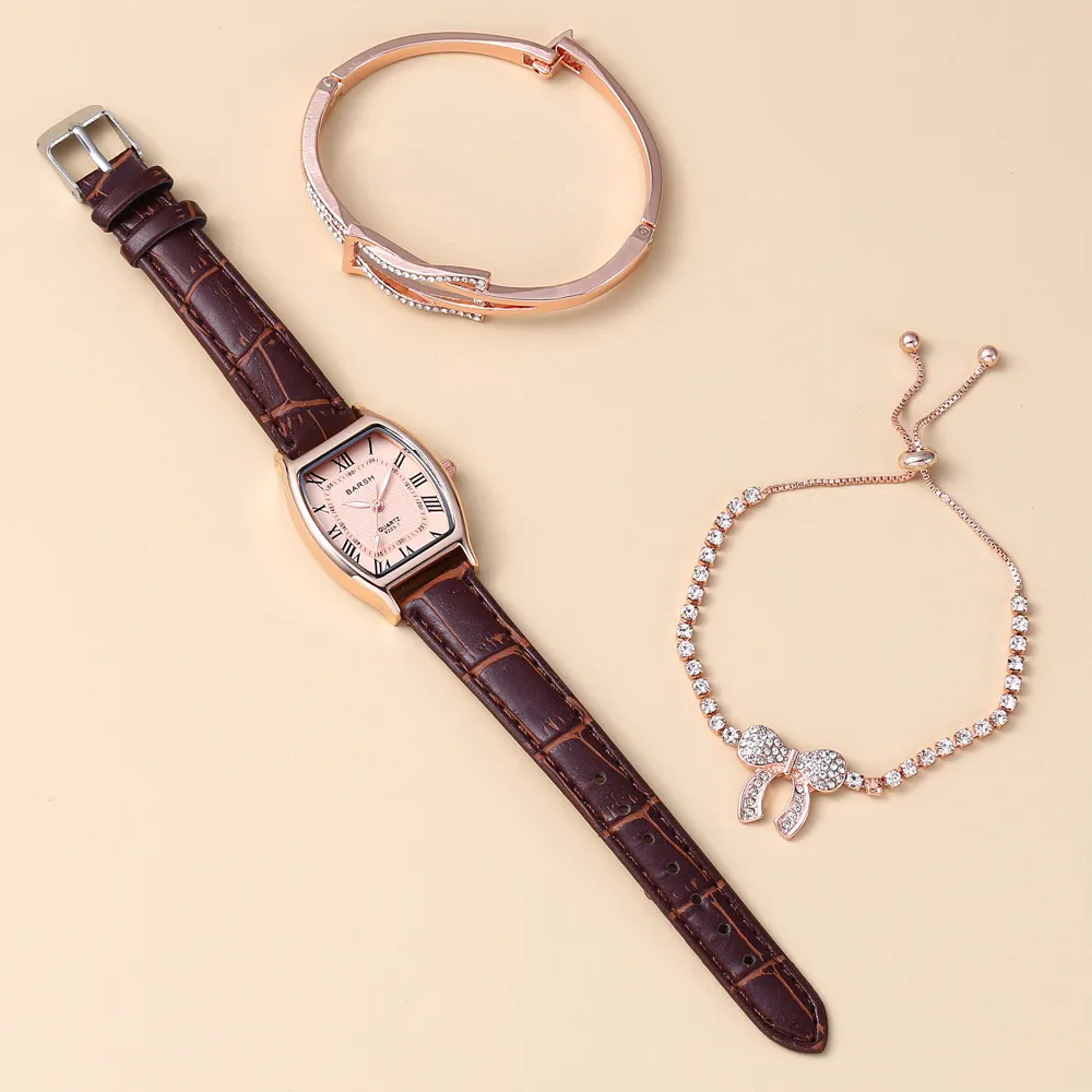 Fashion casual simple personality square dial belt quartz watch bracelet 3pcs/set