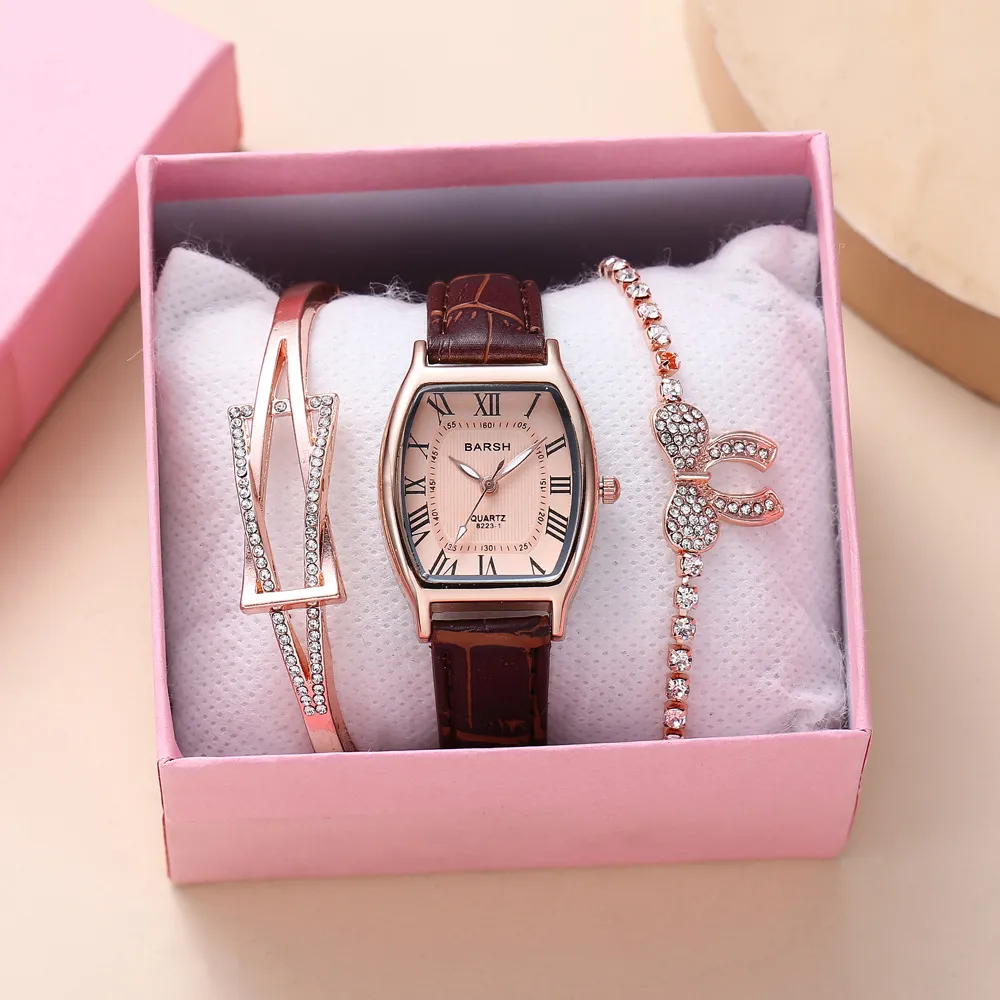 Fashion casual simple personality square dial belt quartz watch bracelet 3pcs/set