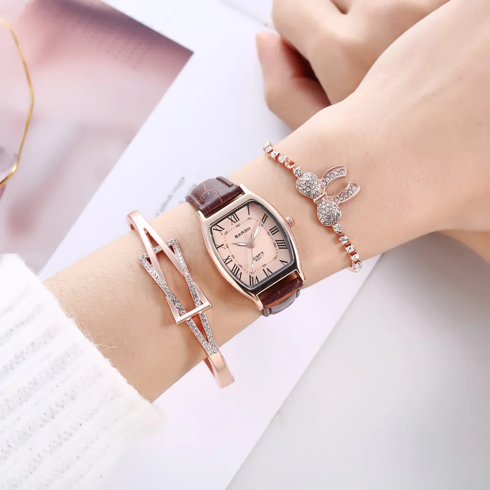 Fashion casual simple personality square dial belt quartz watch bracelet 3pcs/set