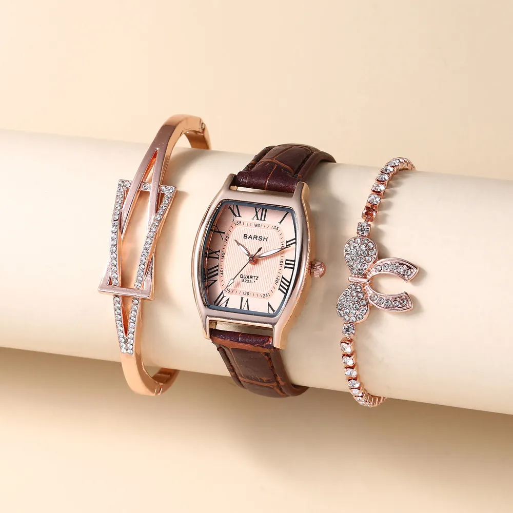 Fashion casual simple personality square dial belt quartz watch bracelet 3pcs/set