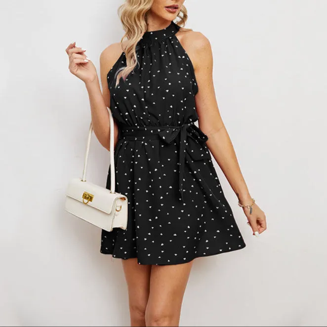 Fashion Printed Lace Up Collar Dress