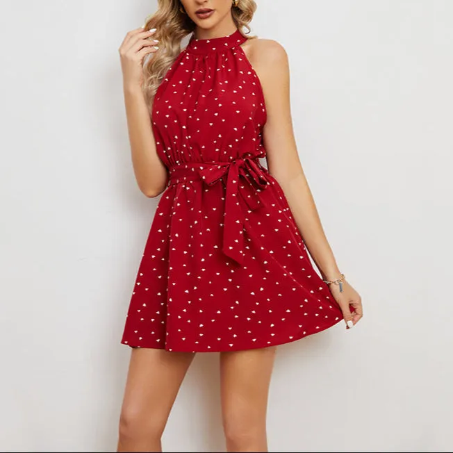Fashion Printed Lace Up Collar Dress