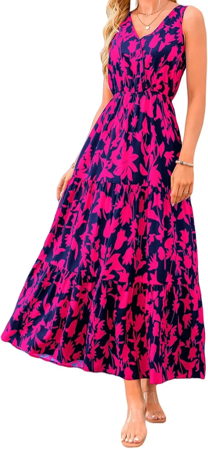 Floral Dress for Women 2025 Sleeveless V Neck Maxi Dresses Tunic A line Flowy Swing Dresses Ruffle Hem Boho Dress