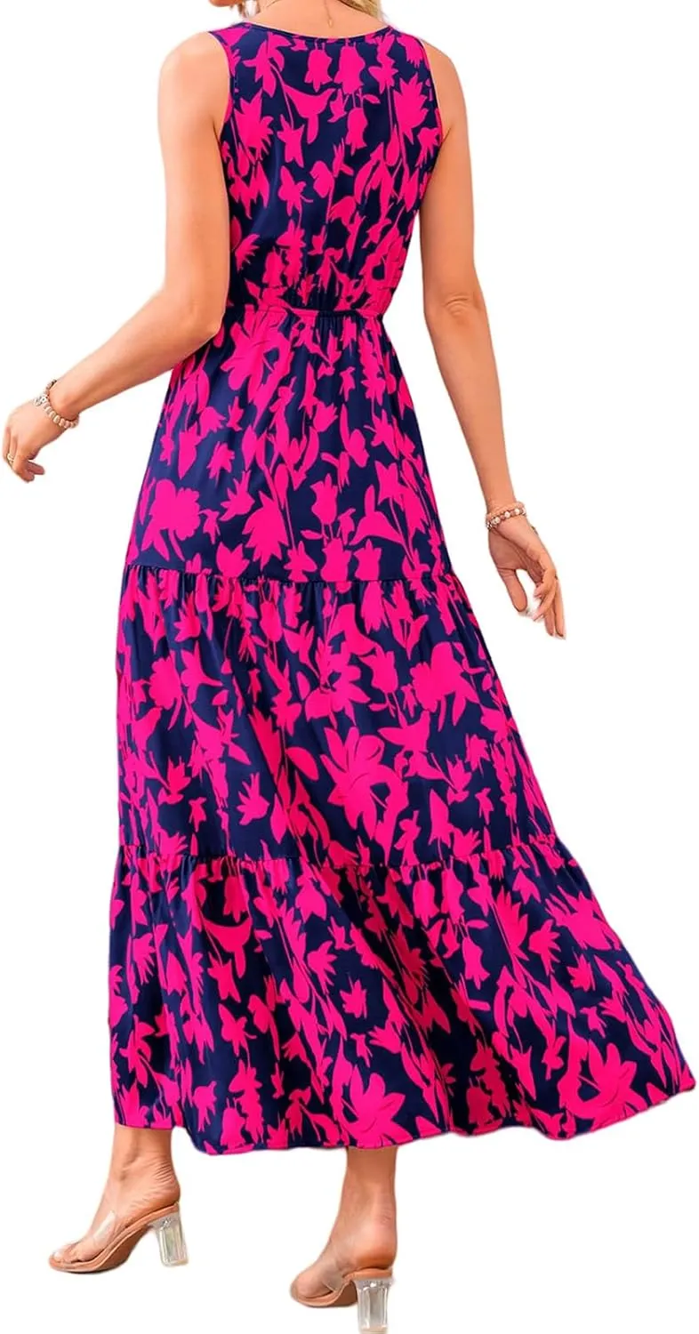 Floral Dress for Women 2025 Sleeveless V Neck Maxi Dresses Tunic A line Flowy Swing Dresses Ruffle Hem Boho Dress