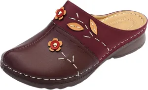 Flowers Clogs Shoes for Women Summer Leather Comfortable Slippers Casual Slip on Wide Fit Mules Lightweight Closed Toe Open Back Loafers with Arch Support