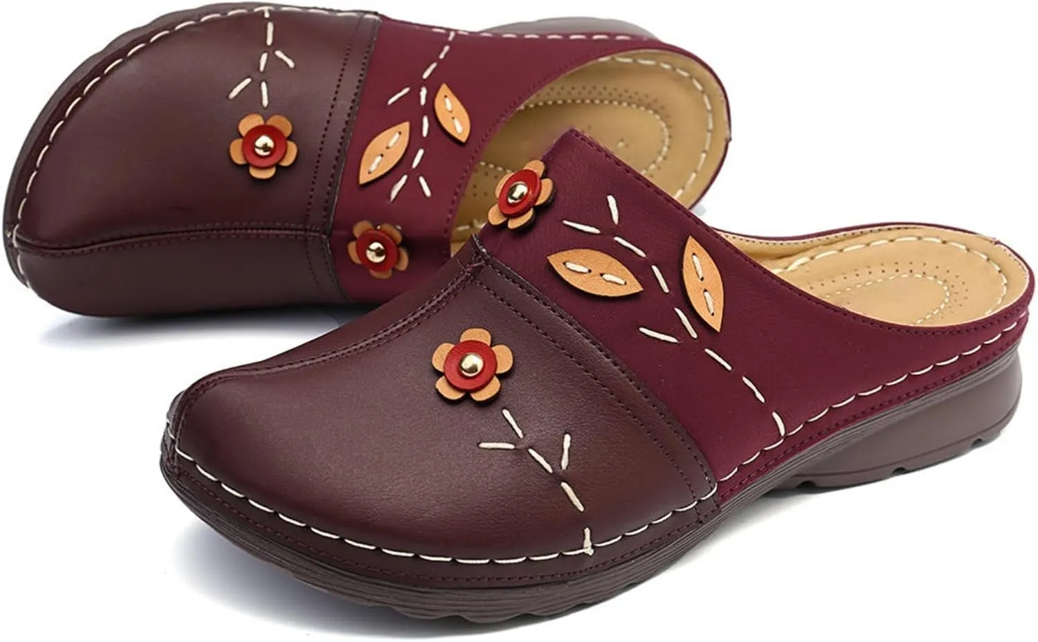 Flowers Clogs Shoes for Women Summer Leather Comfortable Slippers Casual Slip on Wide Fit Mules Lightweight Closed Toe Open Back Loafers with Arch Support