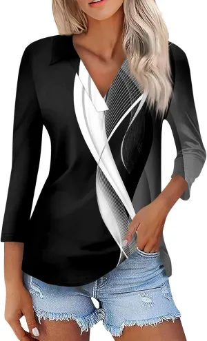 Generic Women's 3/4 Sleeves V Neck Polo T Shirts 2024 Casual Summer Tops Solid Color Basic Collared Plain Tee Blouses