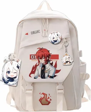 Genshin Impact Backpack Diluc Backpack Cute 3D Printed Daypack Laptop 17" Large Capacity Travel White BackPack With Gift