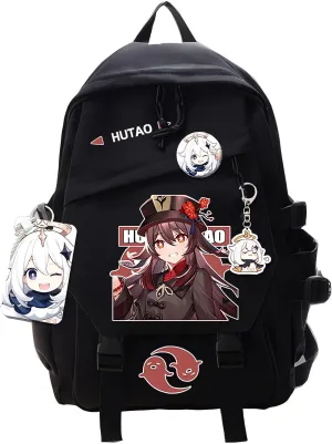 Genshin Impact Backpack Hutao Backpack Cute 3D Printed Daypack Laptop 17" Large Capacity Travel Black BackPack With Gift