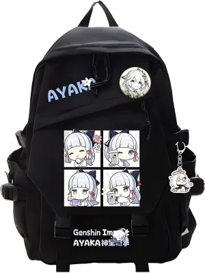 Genshin Impact Backpack Kamisato Ayaka Backpack Cute 3D Printed Daypack Laptop 17" Large Capacity Travel Black BackPack With Gift
