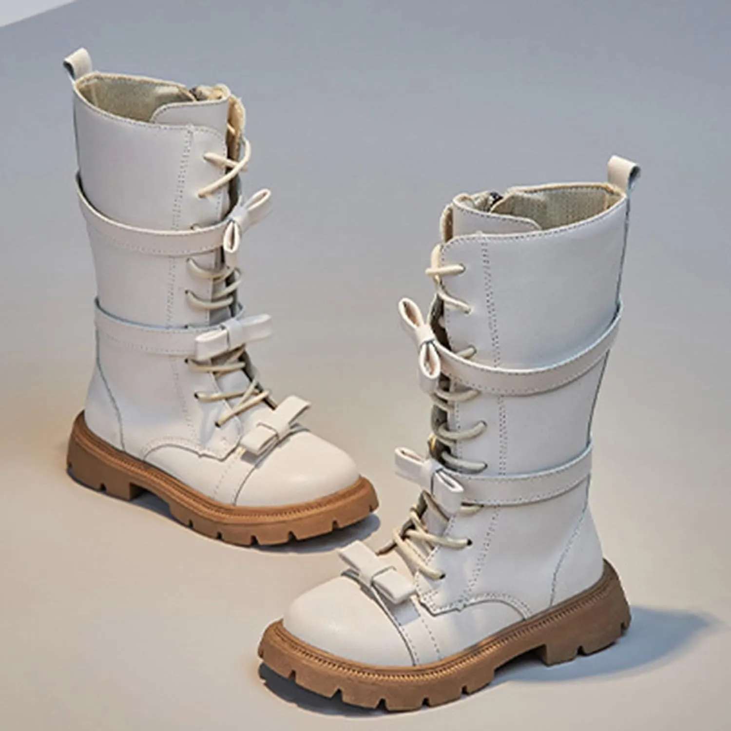 Girls Knee High Fashion Boots Buckle Zipper Flat Boots Non-Slip Fall Winter Flat Riding Boots Western Cowboy Boots