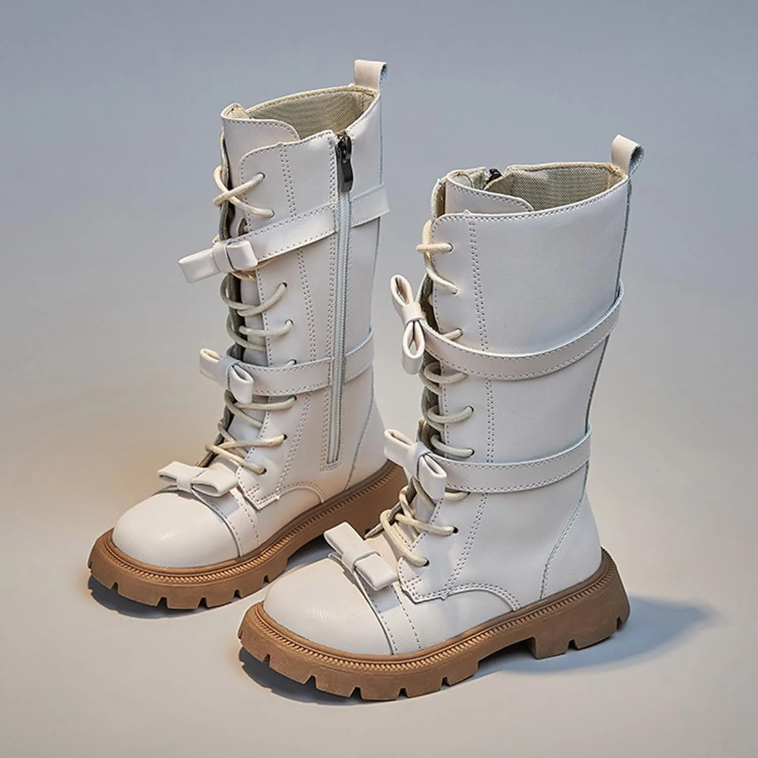Girls Knee High Fashion Boots Buckle Zipper Flat Boots Non-Slip Fall Winter Flat Riding Boots Western Cowboy Boots