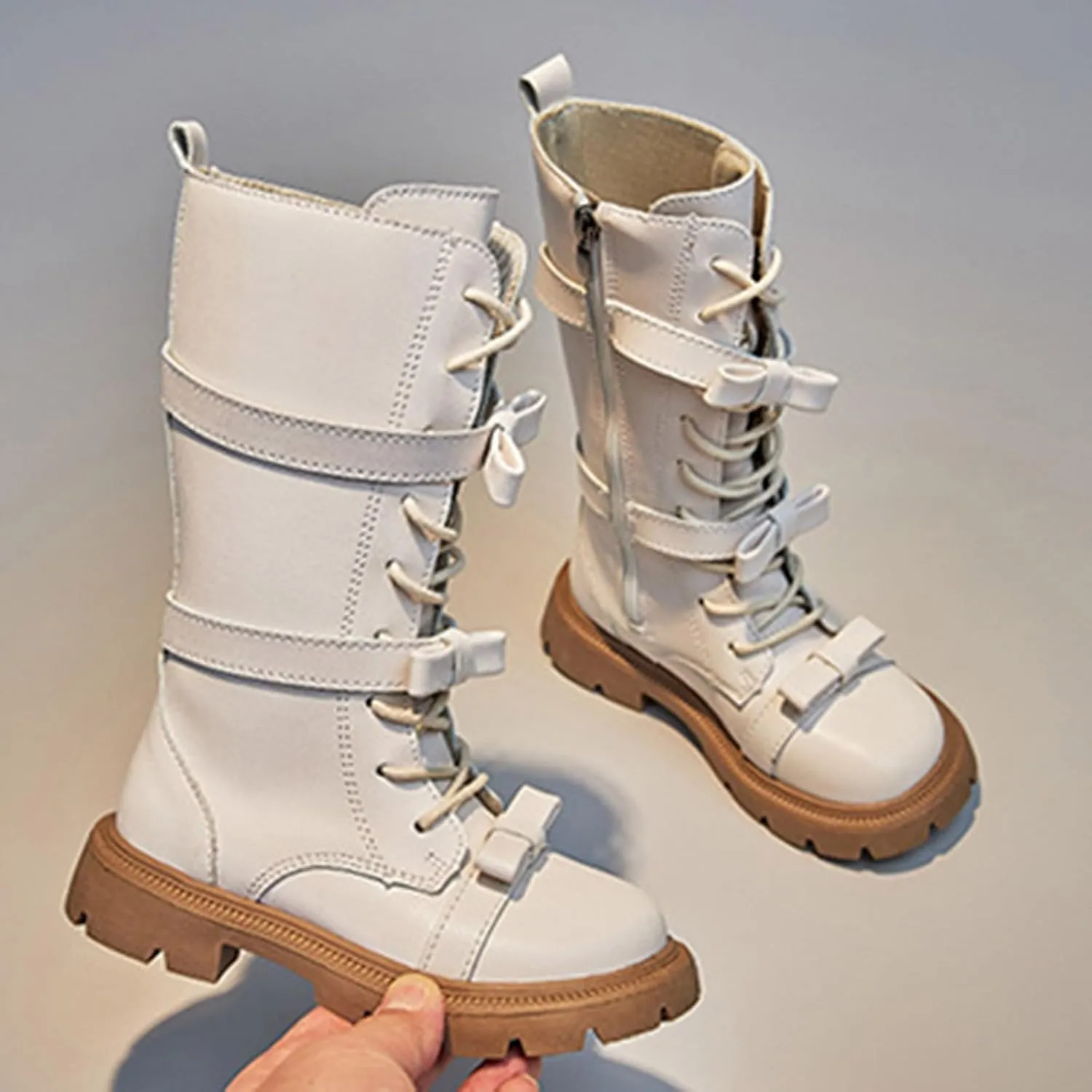 Girls Knee High Fashion Boots Buckle Zipper Flat Boots Non-Slip Fall Winter Flat Riding Boots Western Cowboy Boots