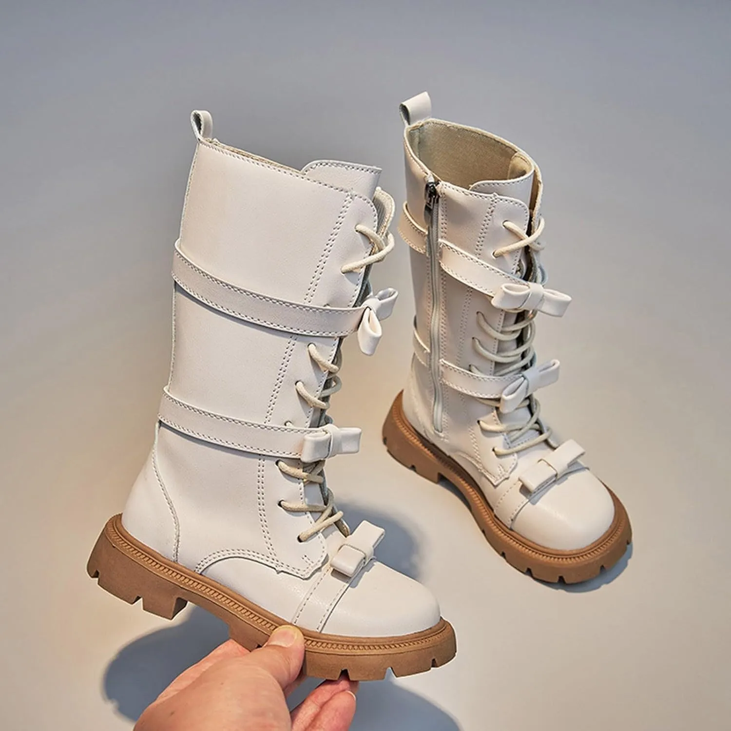 Girls Knee High Fashion Boots Buckle Zipper Flat Boots Non-Slip Fall Winter Flat Riding Boots Western Cowboy Boots