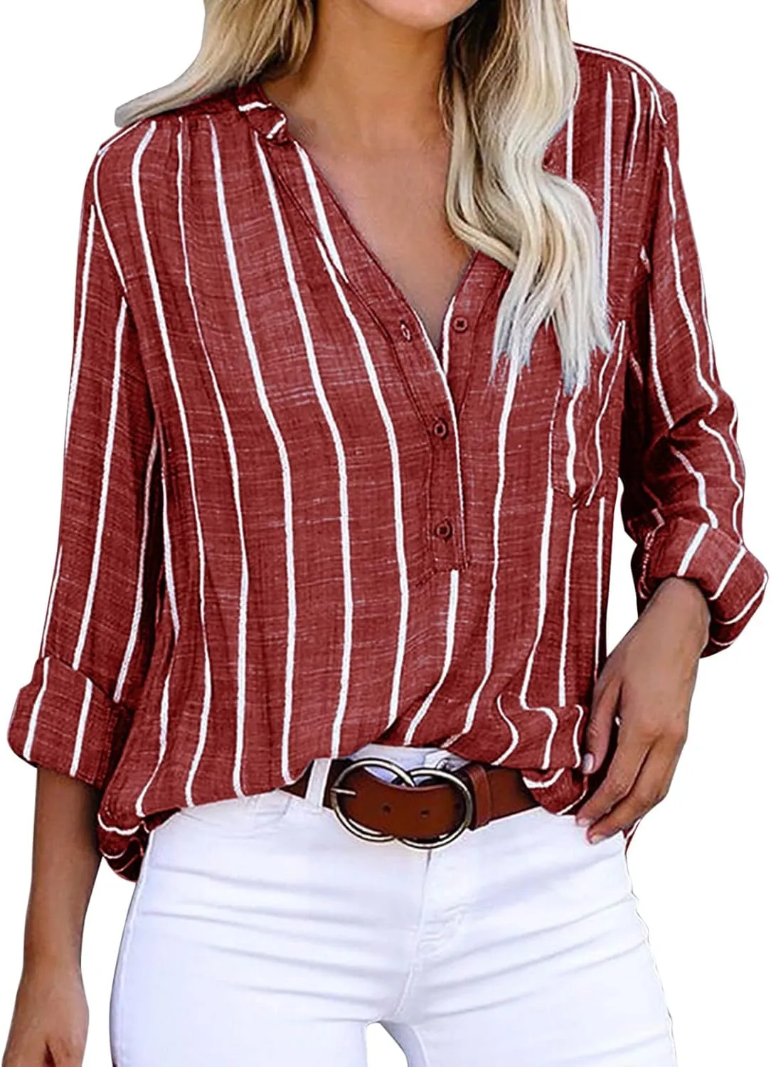 GOKKILRW Womens Cotton Linen Shirts Long Sleeve Button Down Lighweight Spring Summer Striped Dressy Blouses Casual Work Tops