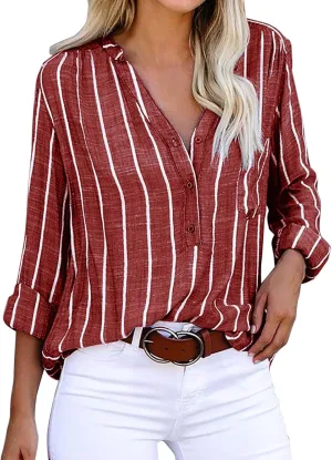 GOKKILRW Womens Cotton Linen Shirts Long Sleeve Button Down Lighweight Spring Summer Striped Dressy Blouses Casual Work Tops