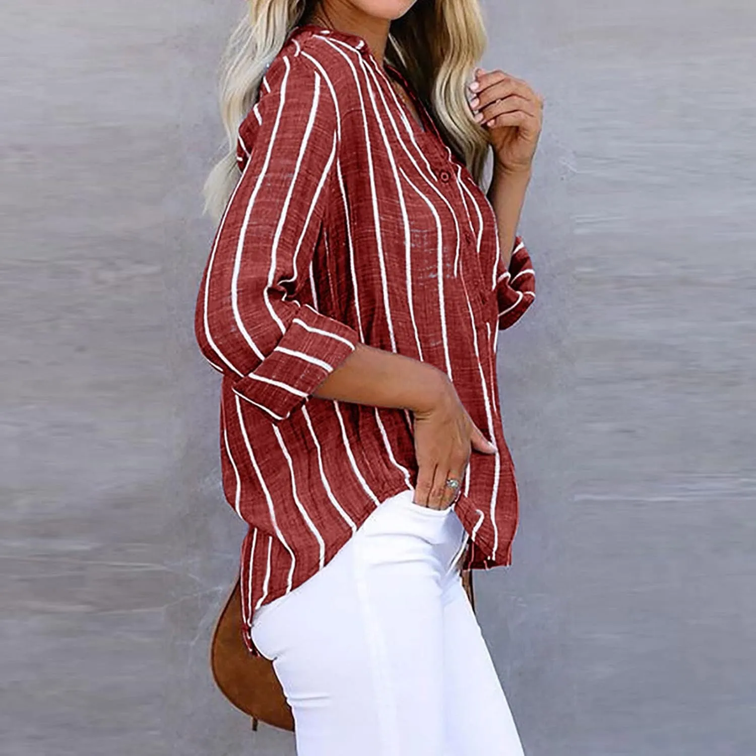 GOKKILRW Womens Cotton Linen Shirts Long Sleeve Button Down Lighweight Spring Summer Striped Dressy Blouses Casual Work Tops