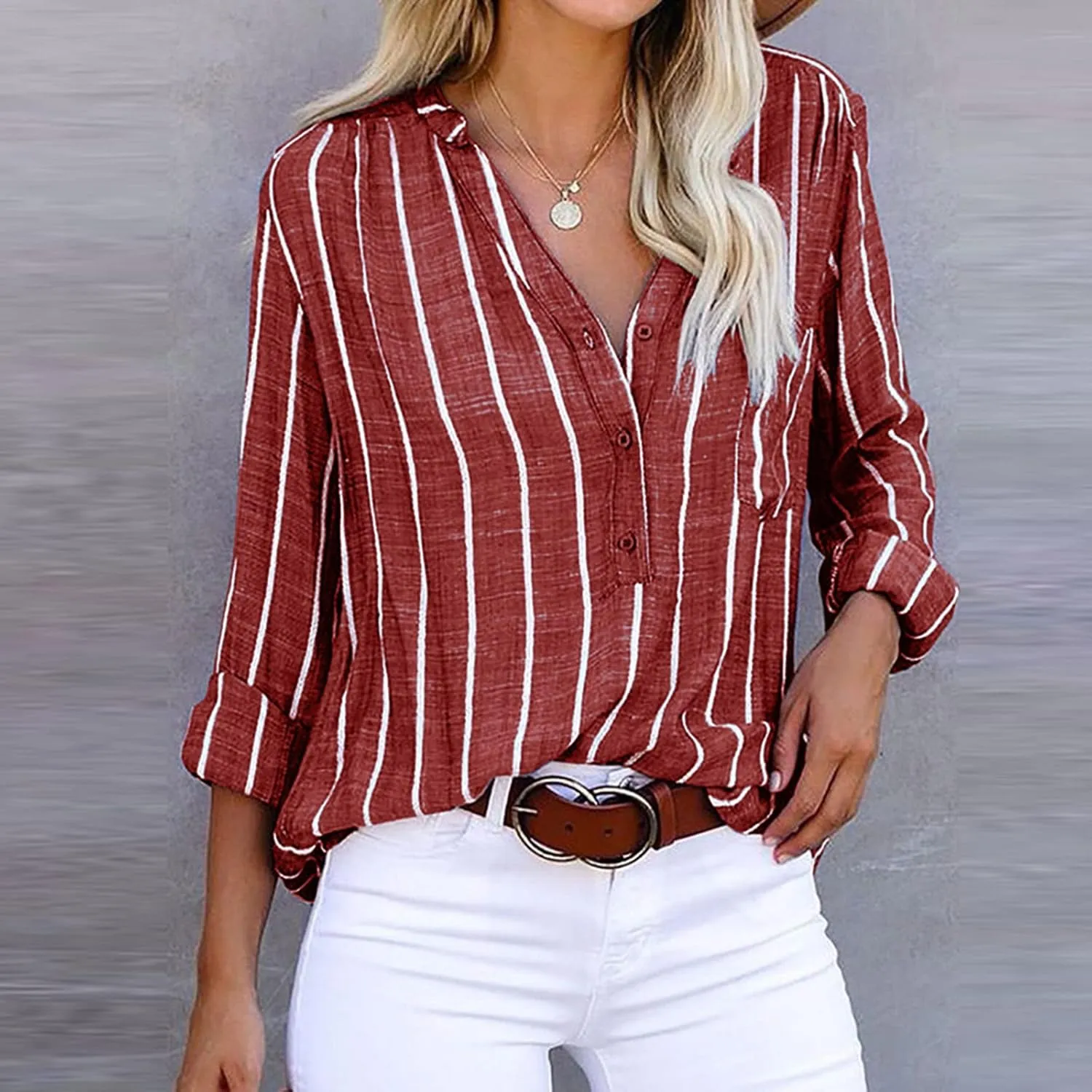 GOKKILRW Womens Cotton Linen Shirts Long Sleeve Button Down Lighweight Spring Summer Striped Dressy Blouses Casual Work Tops