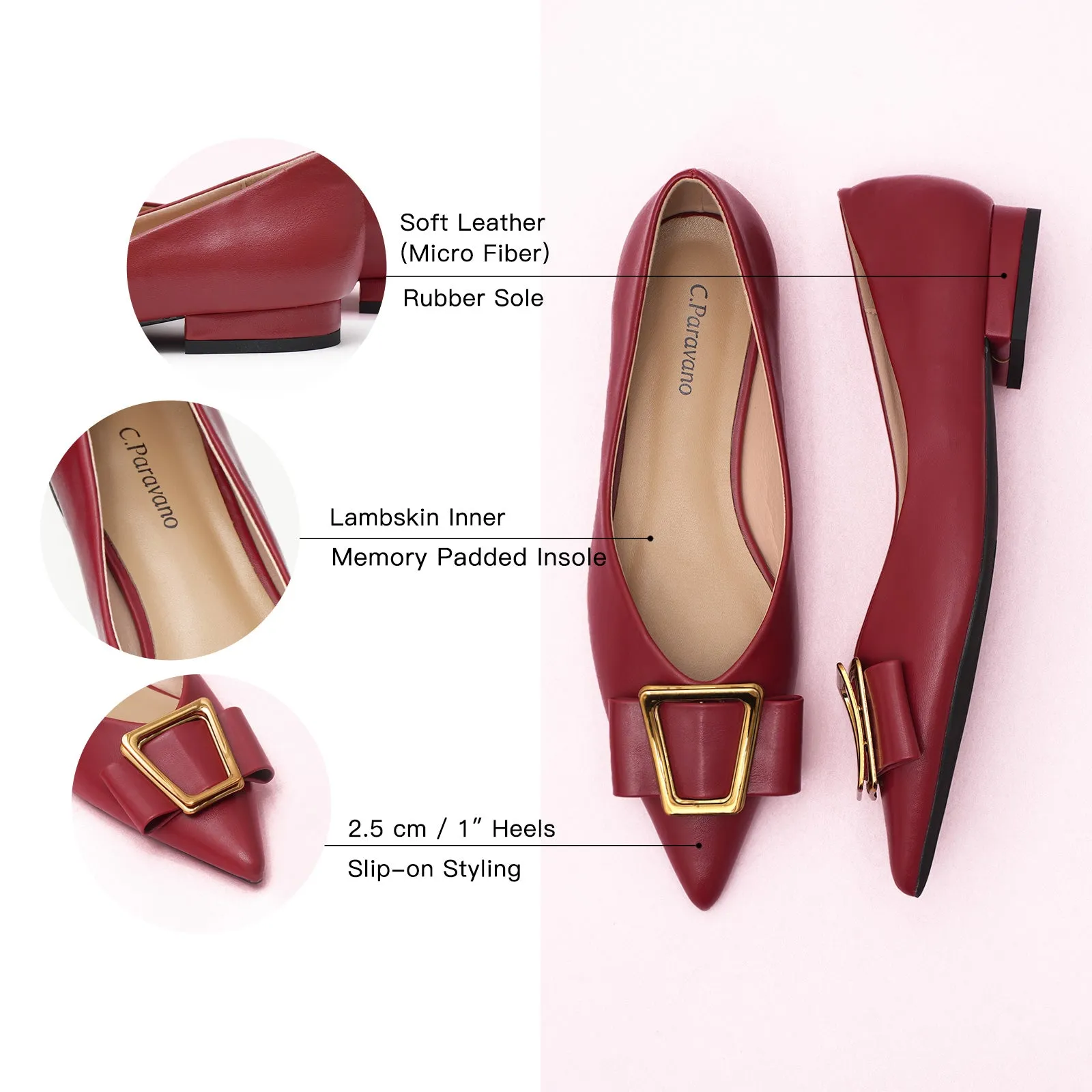 Hot Geometric Buckle Pointed Toe Flats Red
