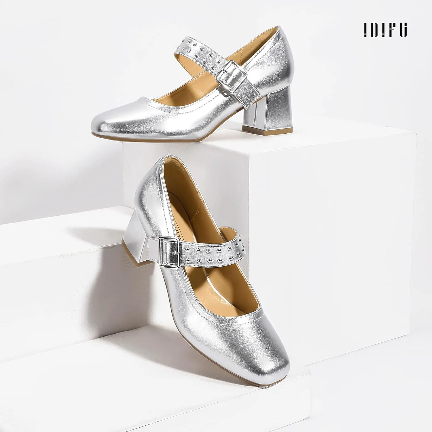 IDIFU IN2 Mary Jane Shoes Pumps Low Chunky Block Closed Toe Heels for Women Dressy Comfortable Wedding Bridal Bride Prom Party Dress Shoes Fashion Casual Cute Ankle Strap Square Toe Thick Heels Pumps
