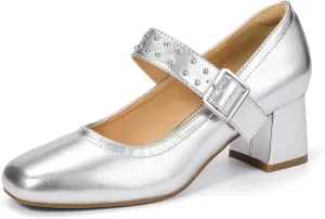 IDIFU IN2 Mary Jane Shoes Pumps Low Chunky Block Closed Toe Heels for Women Dressy Comfortable Wedding Bridal Bride Prom Party Dress Shoes Fashion Casual Cute Ankle Strap Square Toe Thick Heels Pumps