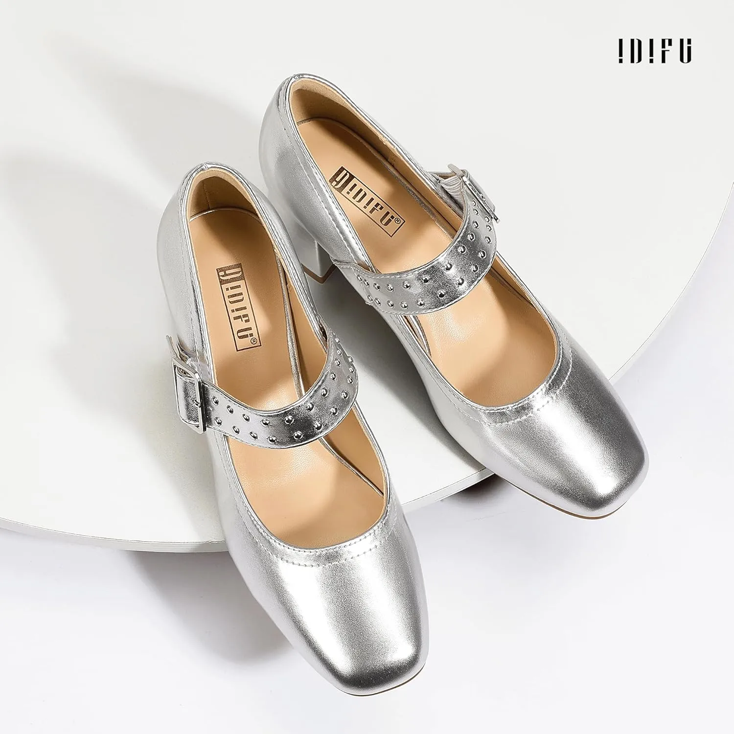 IDIFU IN2 Mary Jane Shoes Pumps Low Chunky Block Closed Toe Heels for Women Dressy Comfortable Wedding Bridal Bride Prom Party Dress Shoes Fashion Casual Cute Ankle Strap Square Toe Thick Heels Pumps