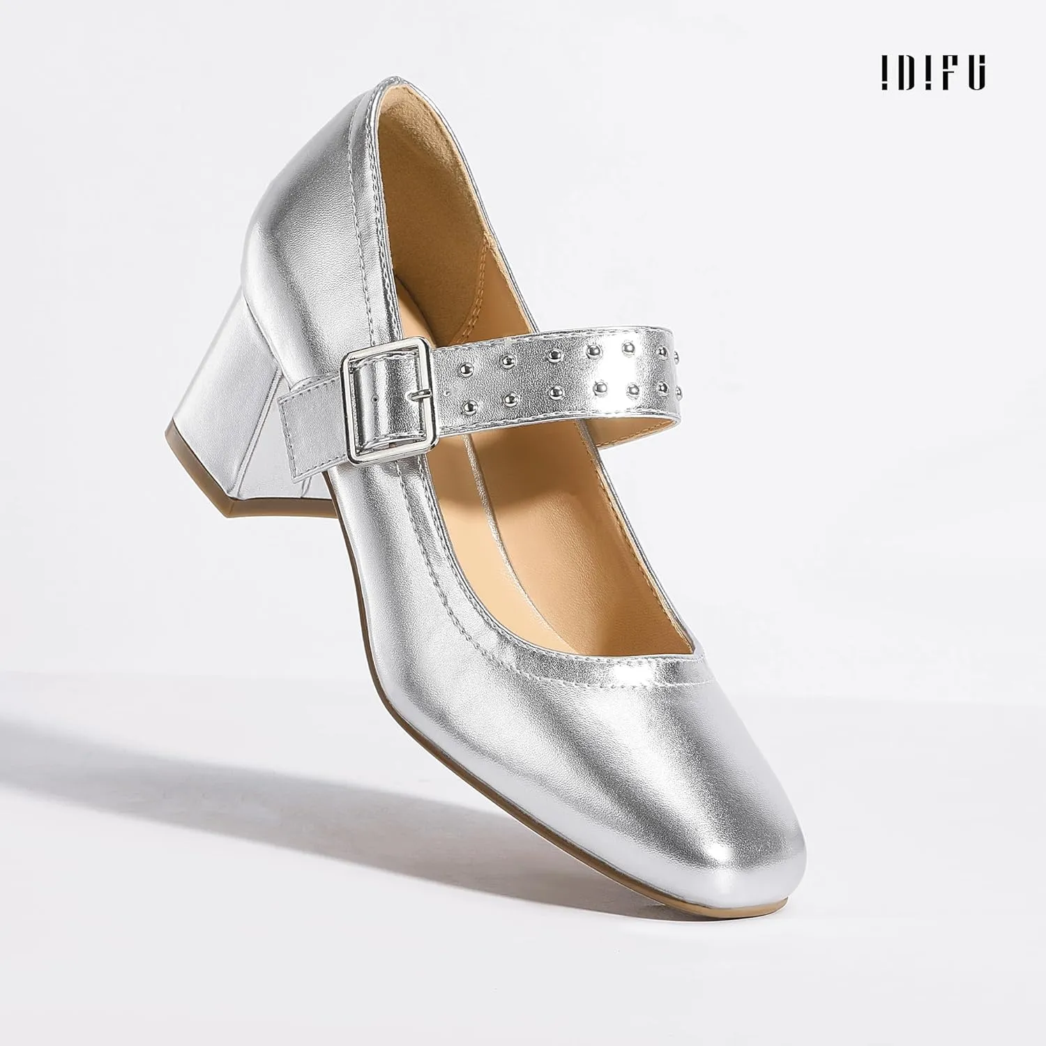 IDIFU IN2 Mary Jane Shoes Pumps Low Chunky Block Closed Toe Heels for Women Dressy Comfortable Wedding Bridal Bride Prom Party Dress Shoes Fashion Casual Cute Ankle Strap Square Toe Thick Heels Pumps