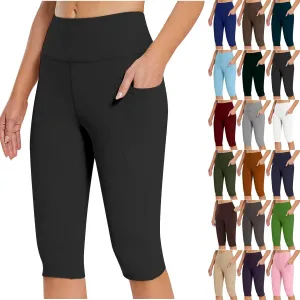Knee Length Capri Leggings for Women, Y2k High Waist Plus Size Cotton Capris Tummy Control Slim Fit Yoga Trousers