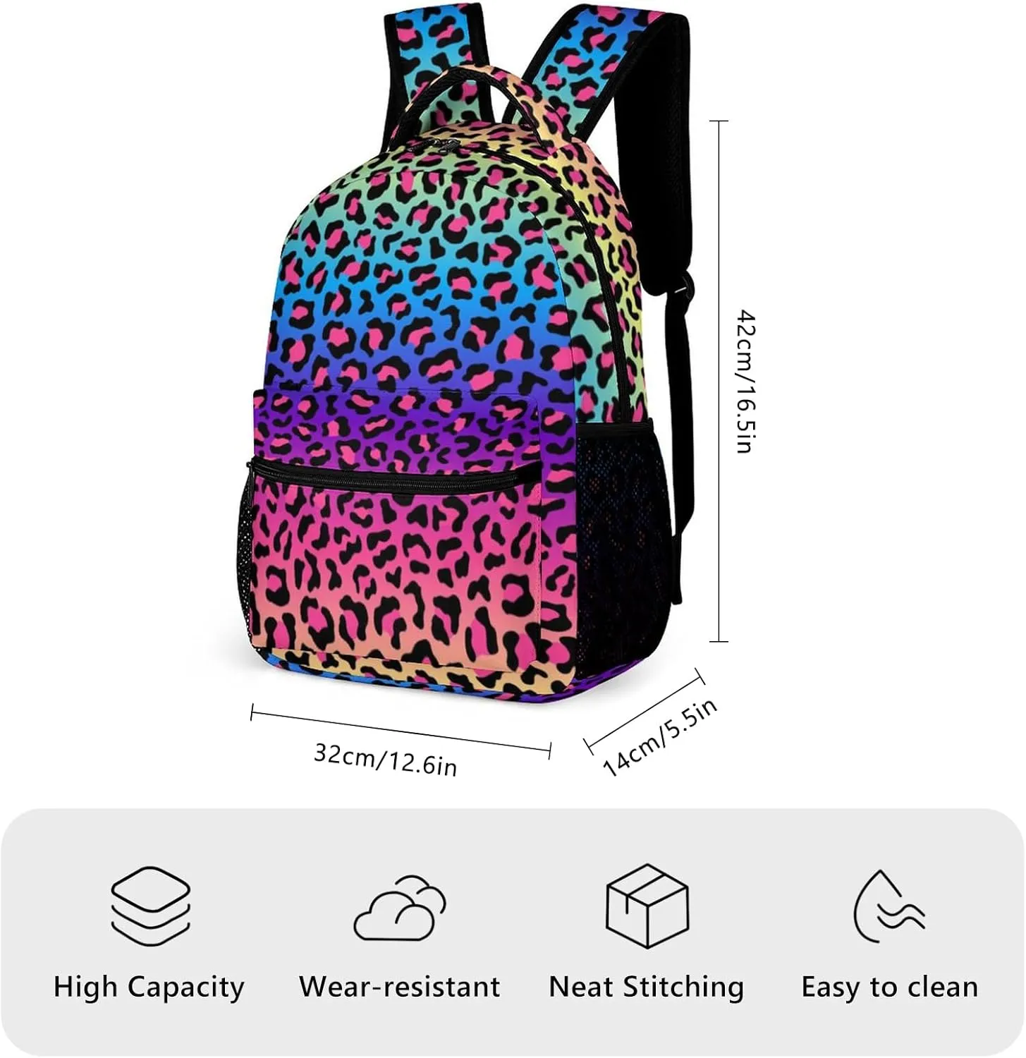 KOYI Girls Leopard Print Backpack Colorful Cheetah Print Rainbow Neon Leopard Backpack for Girls, Gradient Blue Pink Yellow Purple School Backpack, Children Daypack Travel Laptop Backpack, 16.5 Inch