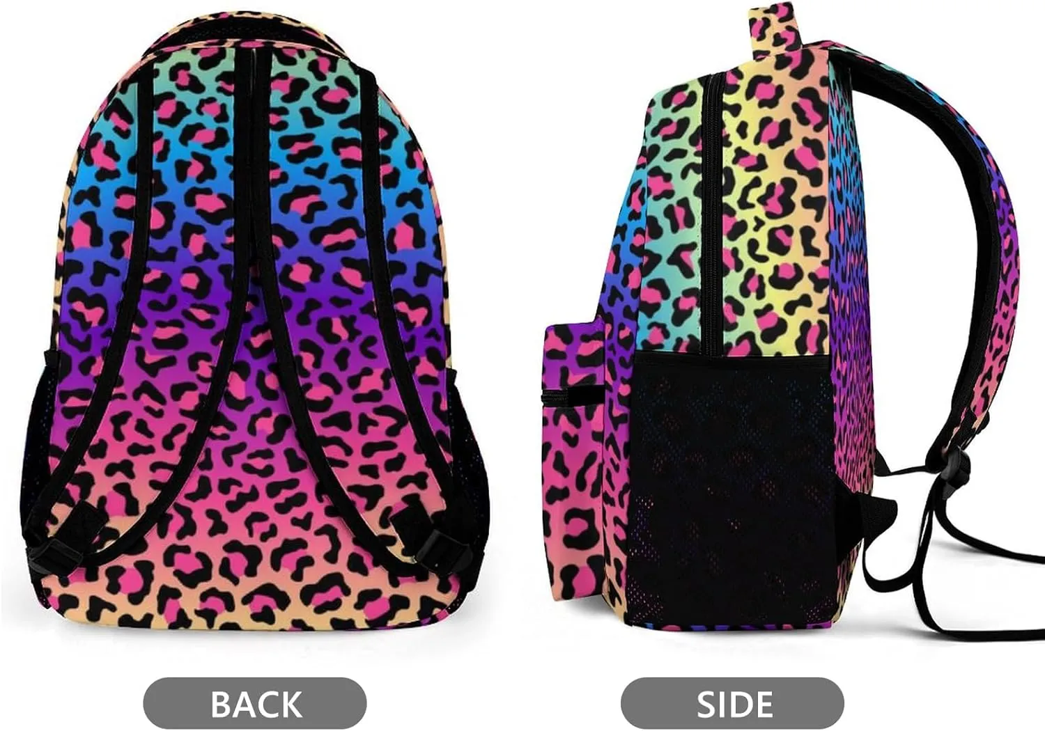 KOYI Girls Leopard Print Backpack Colorful Cheetah Print Rainbow Neon Leopard Backpack for Girls, Gradient Blue Pink Yellow Purple School Backpack, Children Daypack Travel Laptop Backpack, 16.5 Inch