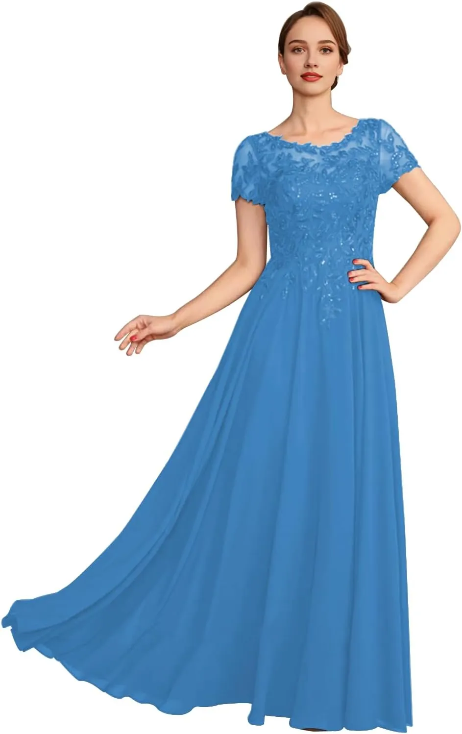 Lace Applique Mother of The Bride Dresses for Women Sparkly Sequin Maxi Formal Dress Short Sleeve Wedding Guest Dresses