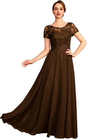 Lace Applique Mother of The Bride Dresses for Women Sparkly Sequin Maxi Formal Dress Short Sleeve Wedding Guest Dresses