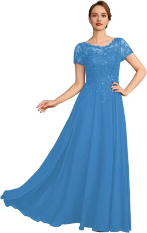 Lace Applique Mother of The Bride Dresses for Women Sparkly Sequin Maxi Formal Dress Short Sleeve Wedding Guest Dresses