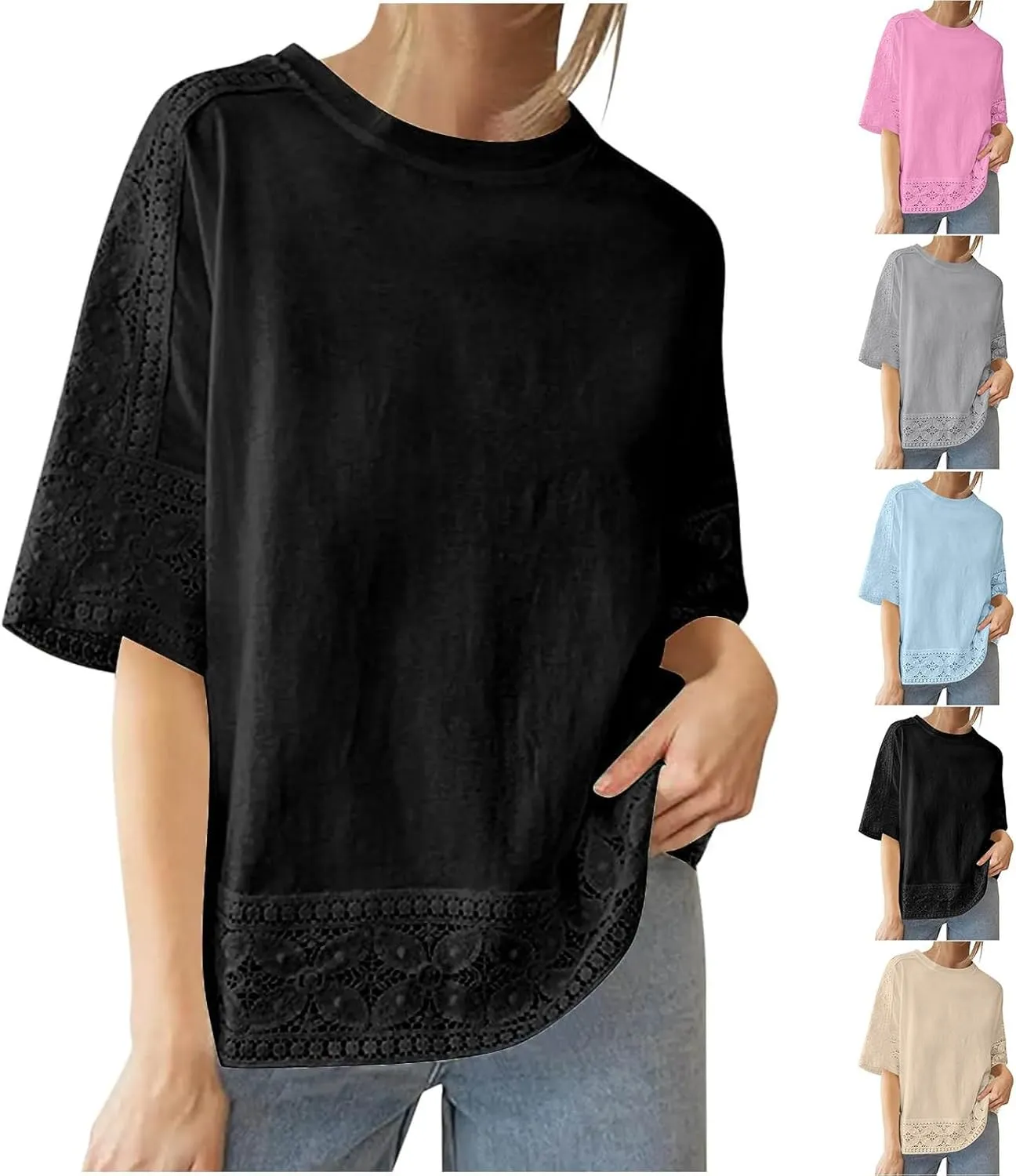 Lace Hollow Out Cotton Linen T Shirts for Women Casual Summer 2025 Crewneck 3/4 Sleeve Tops Loose Vacation Boho Tees